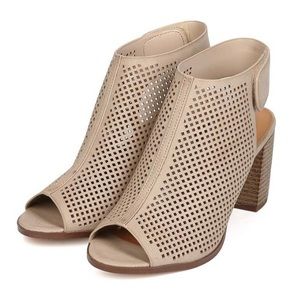 Beige Perforated Peep Toe Stacked Heel